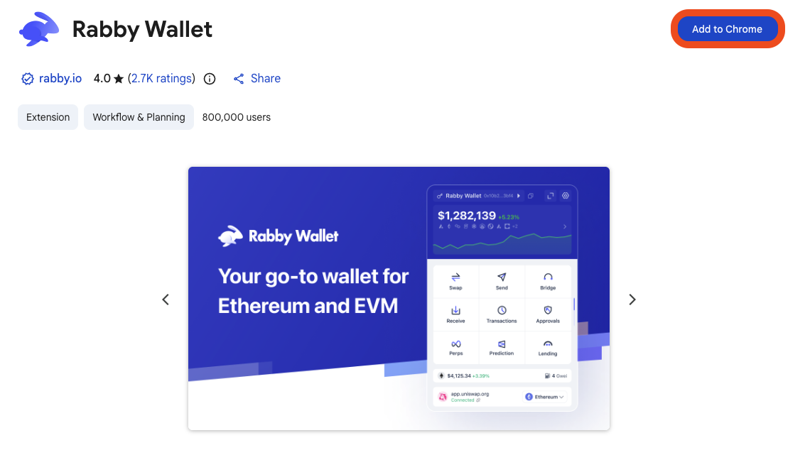 Google Chrome add Rabby extension