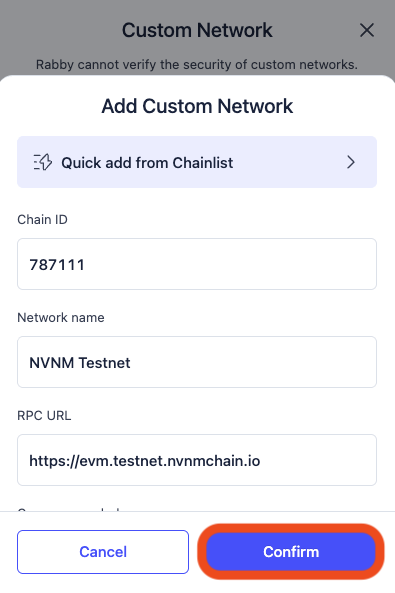 Rabby Add Custom Network form filled with NVNM Testnet details
