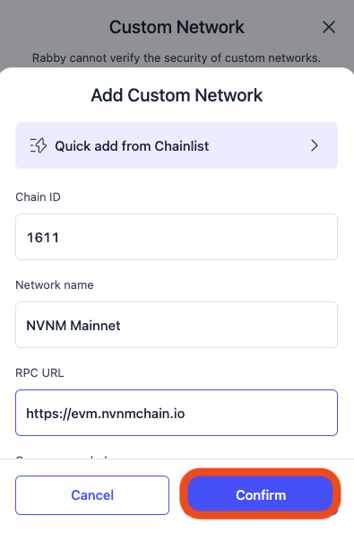 Rabby Add Custom Network form filled with NVNM Mainnet details