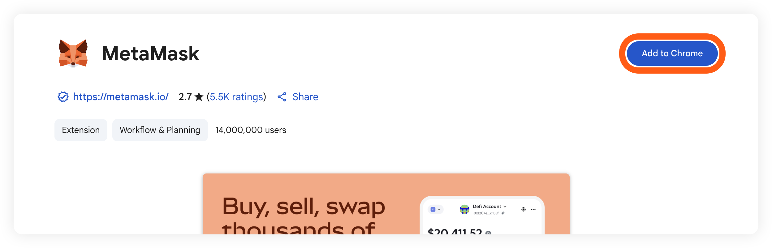 Google Chrome add MetaMask extension