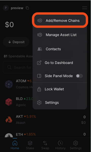 Keplr Add/Remove Chains menu option