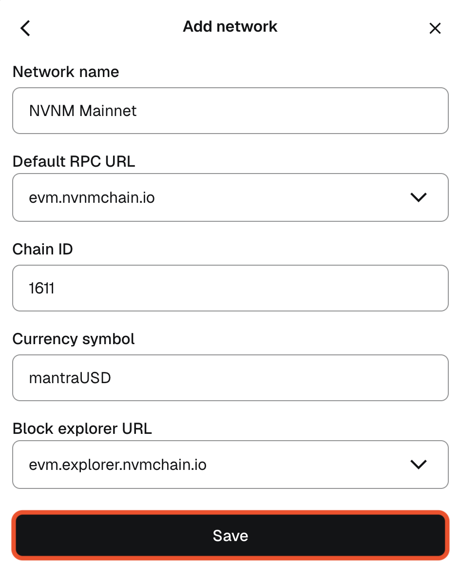 MetaMask Add network form filled with NVNM Mainnet details