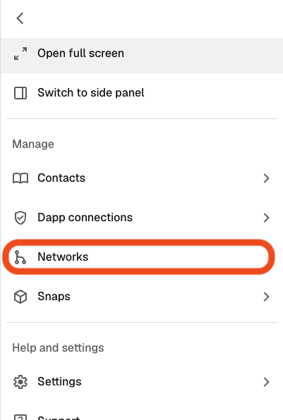 MetaMask menu with Networks option