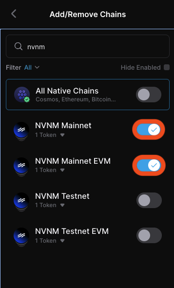 Selecting NVNM Mainnet in Keplr