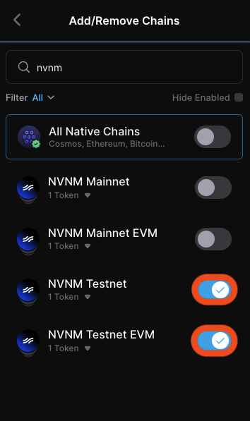 Selecting NVNM Testnet in Keplr