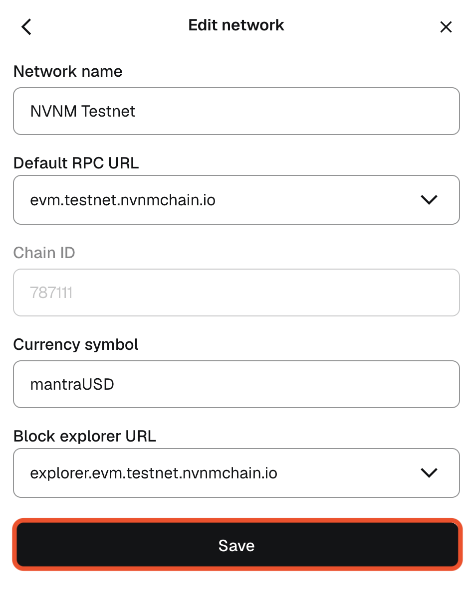 MetaMask Add network form filled with NVNM Testnet details